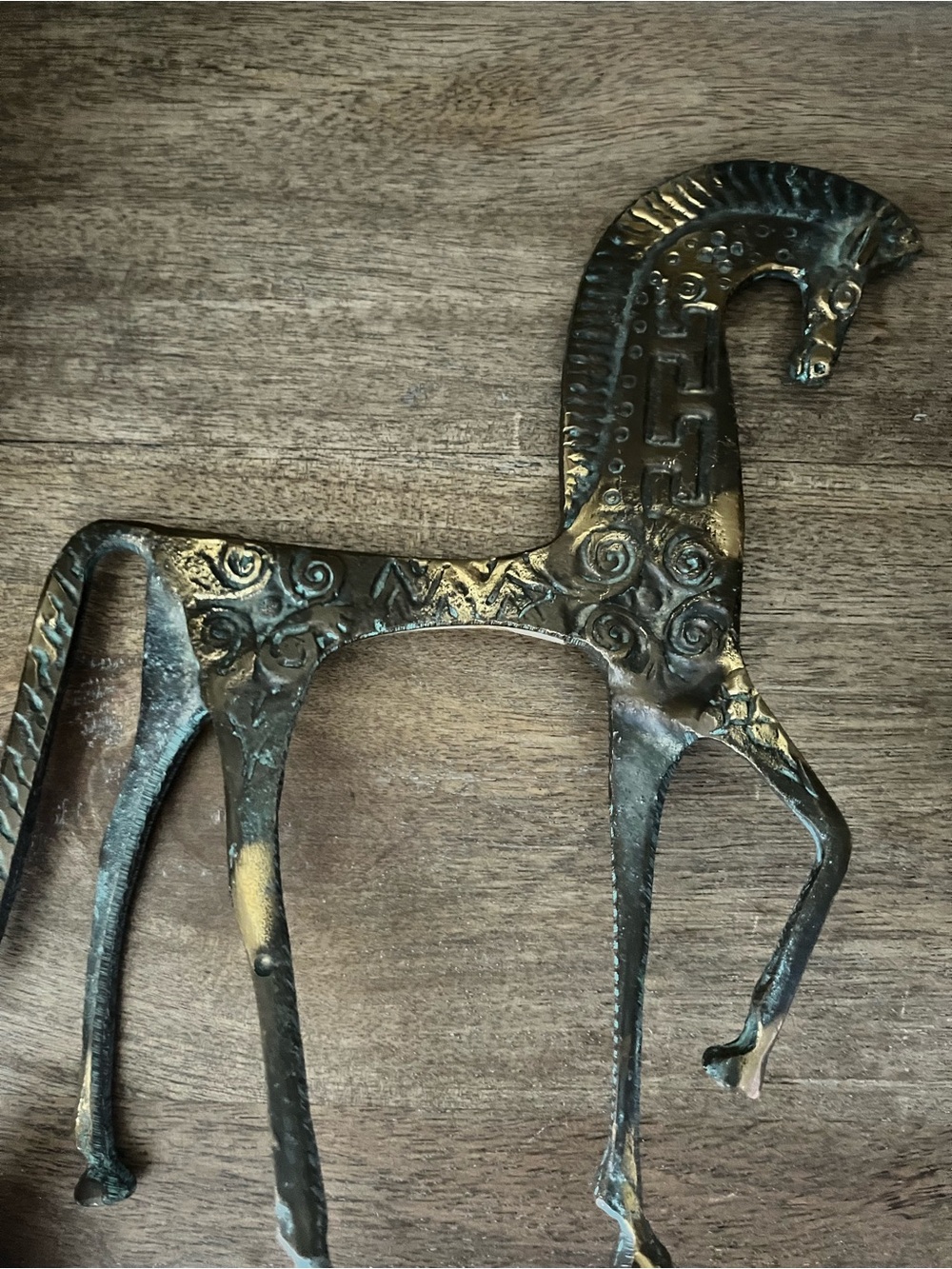 Embellished Brass Horse Sculpture in Aged Gold & Green Patina